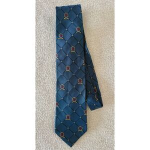 Tommy Hilfiger Men's 100% Silk Tie Blue Crest Lion Pattern Diamond Grid